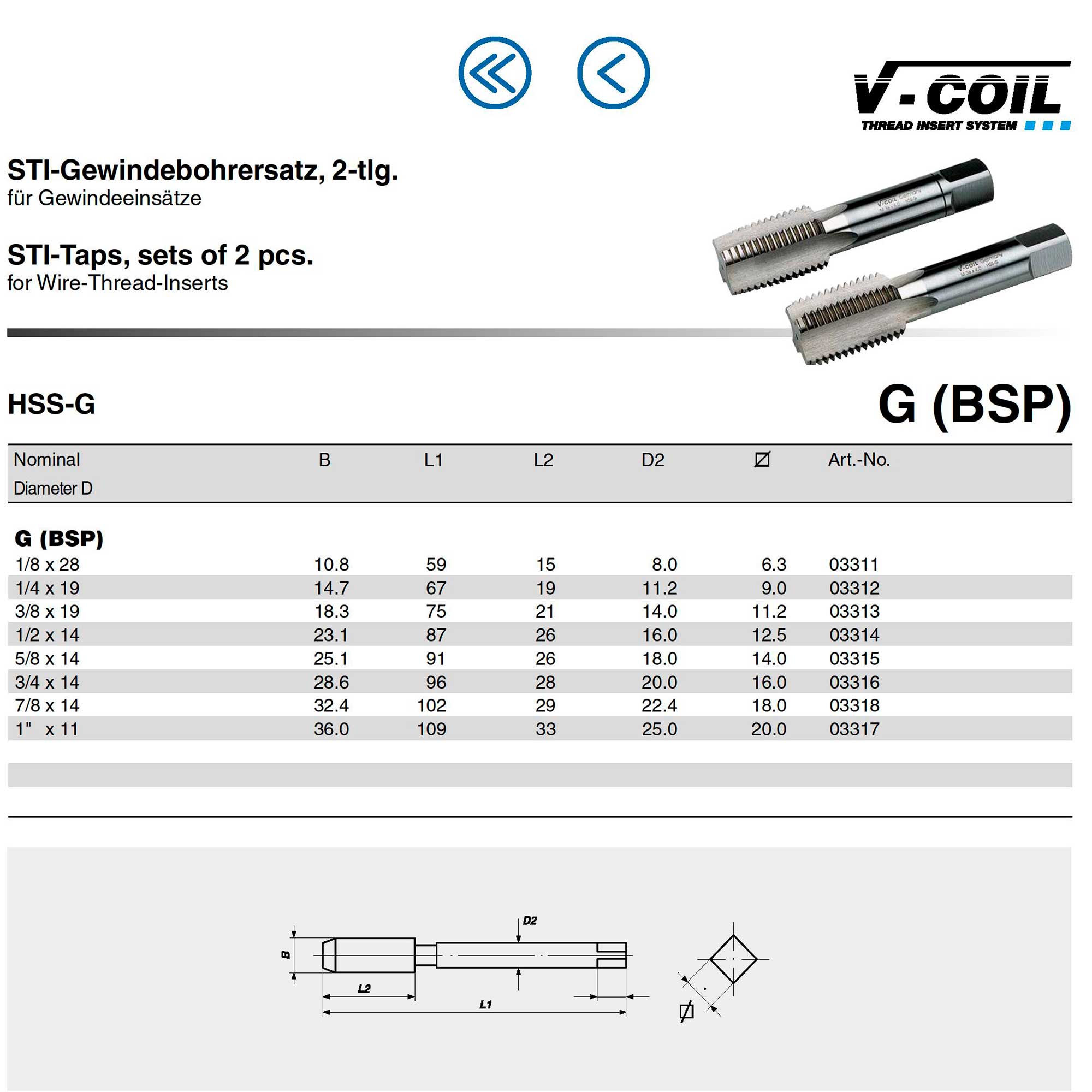 Набор метчиков для резьбовой вставки 2шт Volkel HSS-G STI G 7/8"-14 03318