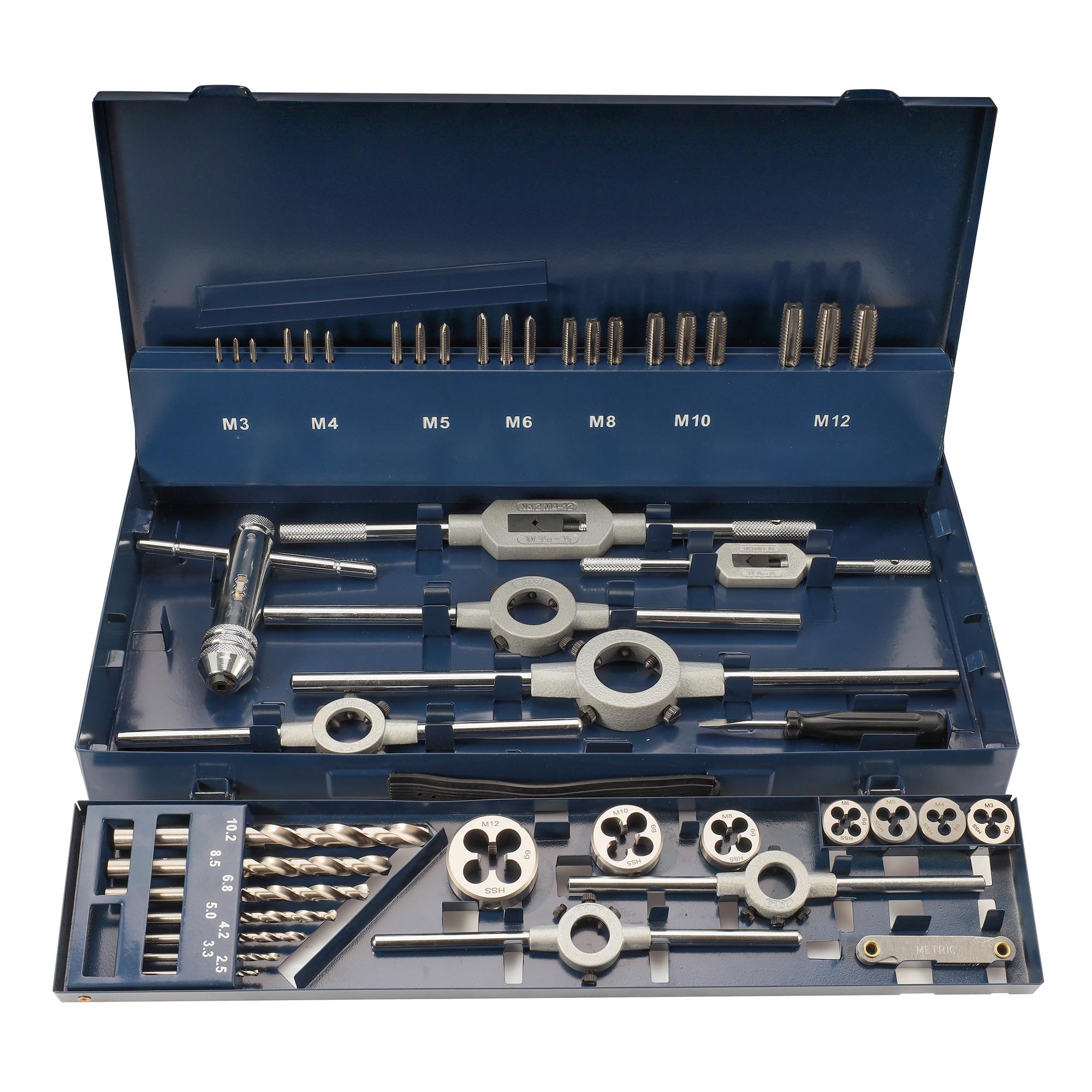 Набор метчиков и плашек H-Tools M3 -M12 HSS-G 43пр 245030HT