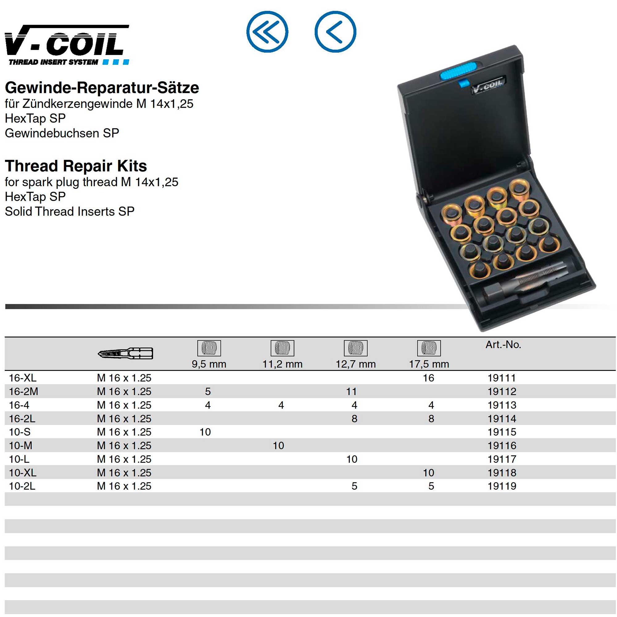 Набор для восстановления резьбы 16-XL М14х1,25 17пр V-Coil Volkel 19111
