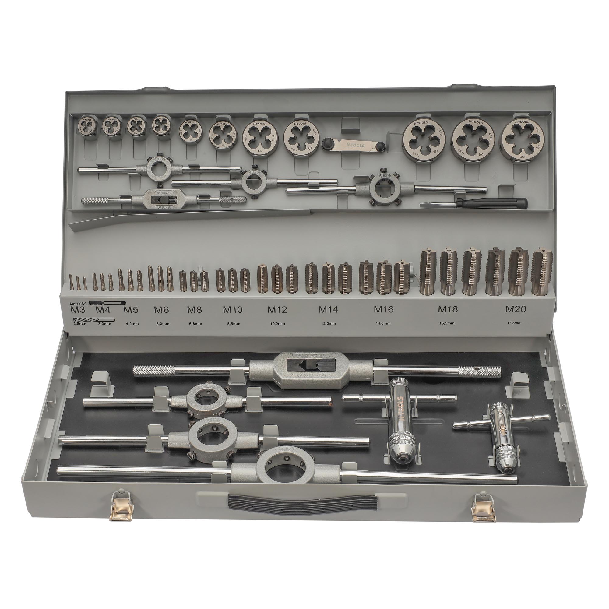 Набор метчиков и плашек H-Tools M3 -M20 HSS-G 56пр 08331040