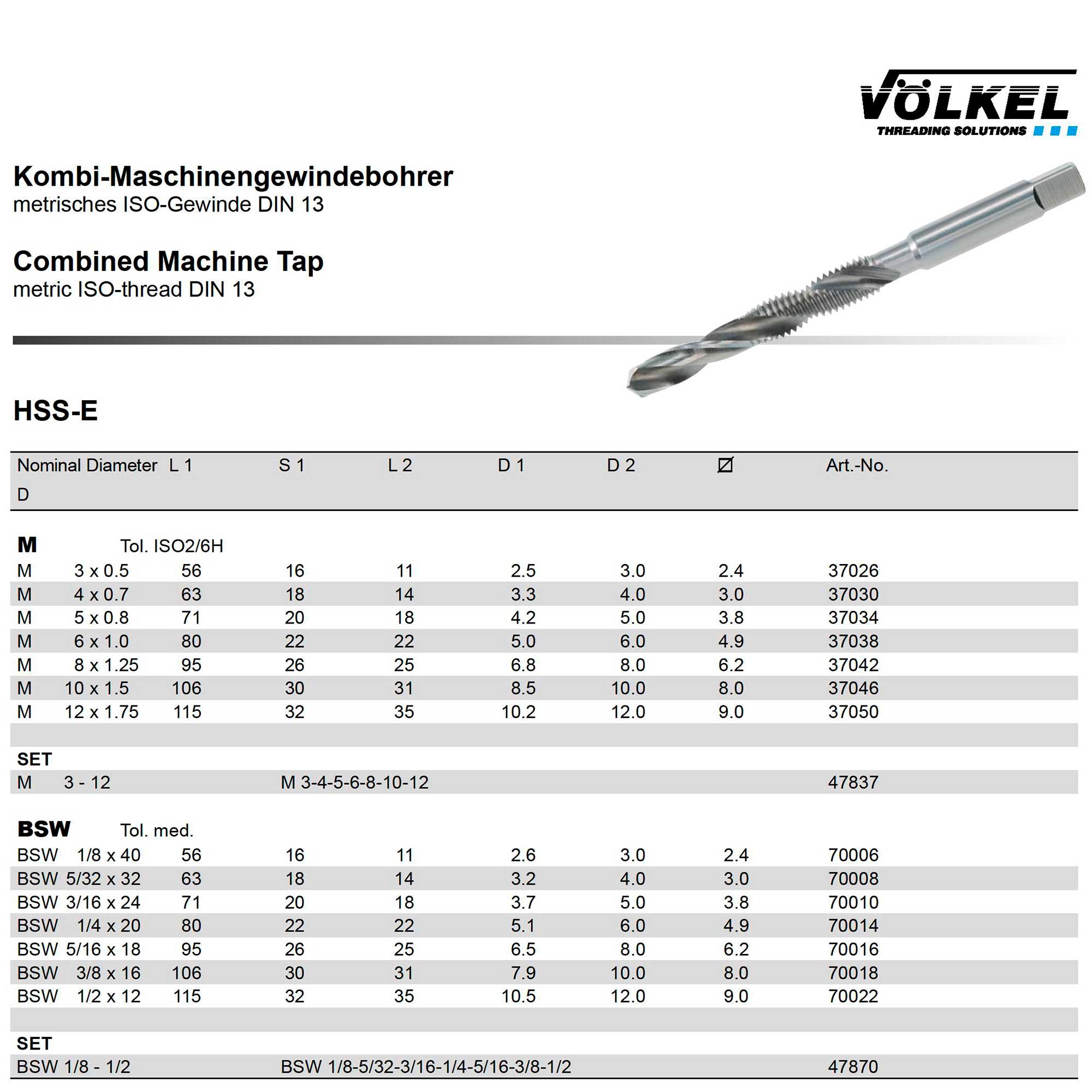 Метчик комбинированный Volkel HSSE 6h метрическая резьба М8х1,25 37042