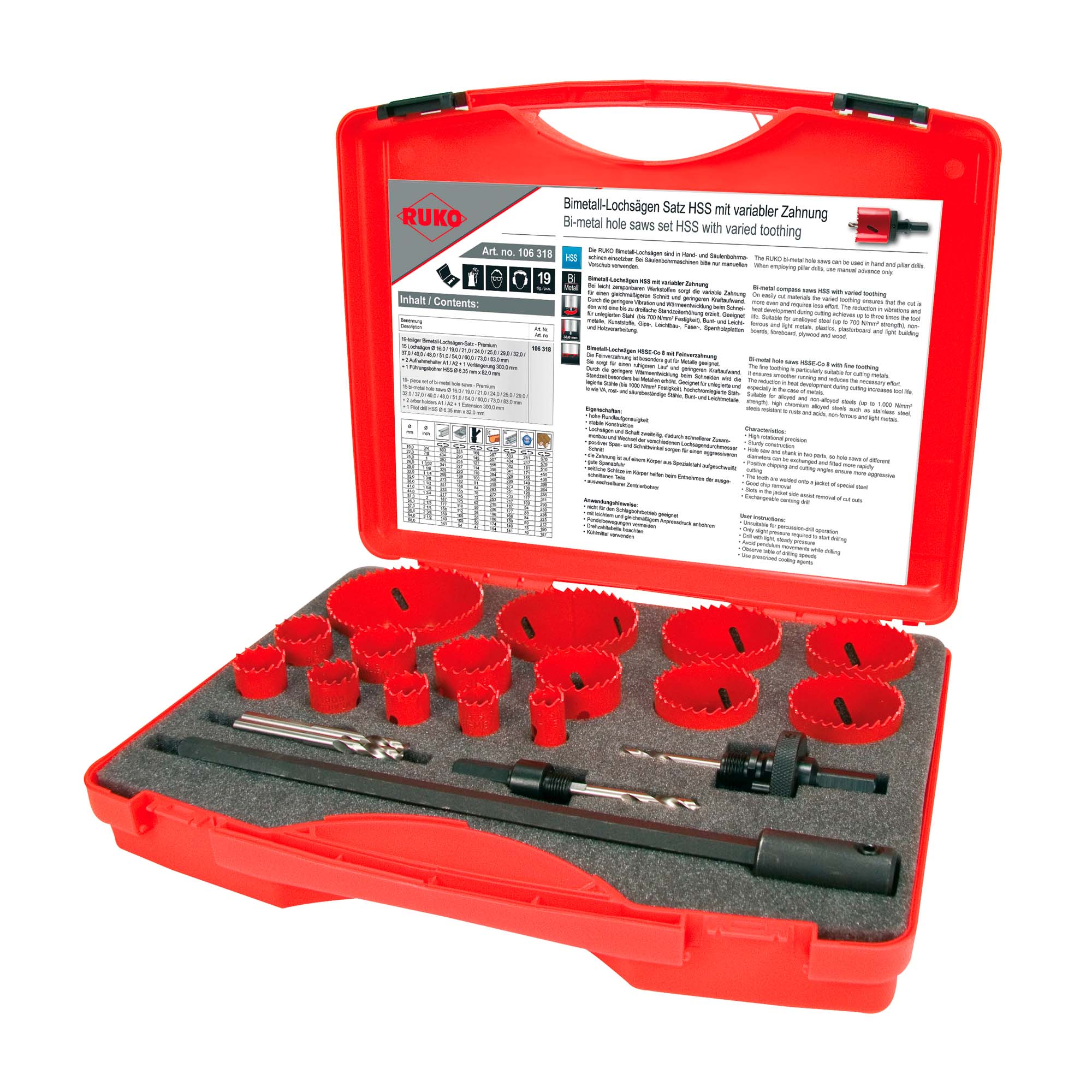 Набор коронок Bi-metall Premium 16-83мм HSS 19пр Ruko 106318