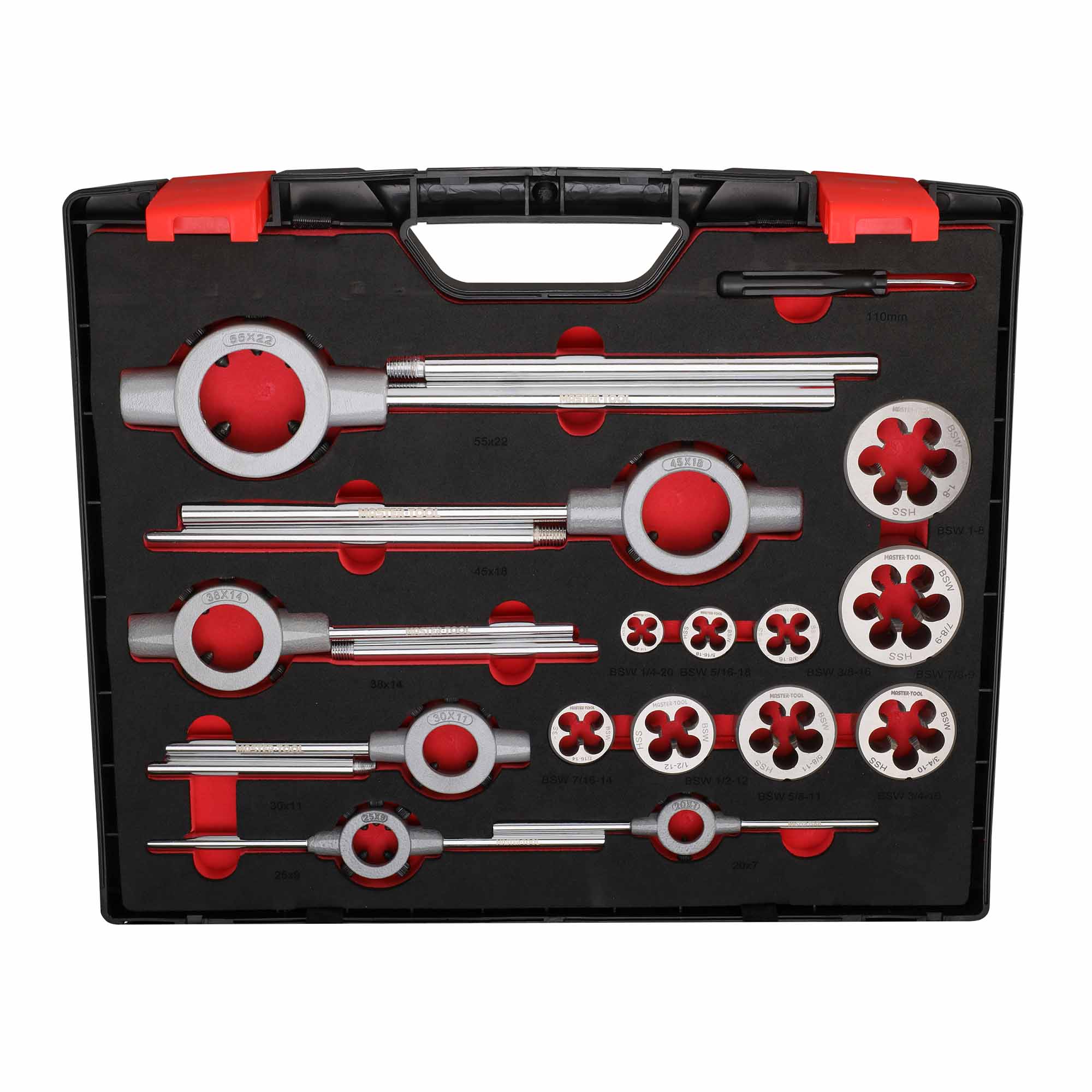 Набор метчиков и плашек MASTER-TOOL BSW 1/4"-1,0" HSS-G 46пр 1014901010007
