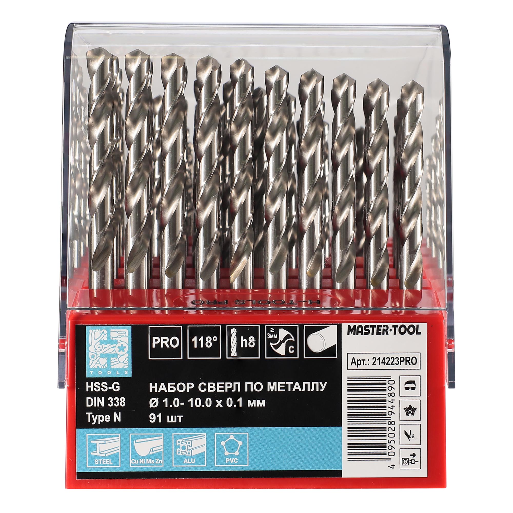 Набор сверл по металлу H-Tools PRO 1-10мм 91шт HSS-G 118° DIN338 214223PRO