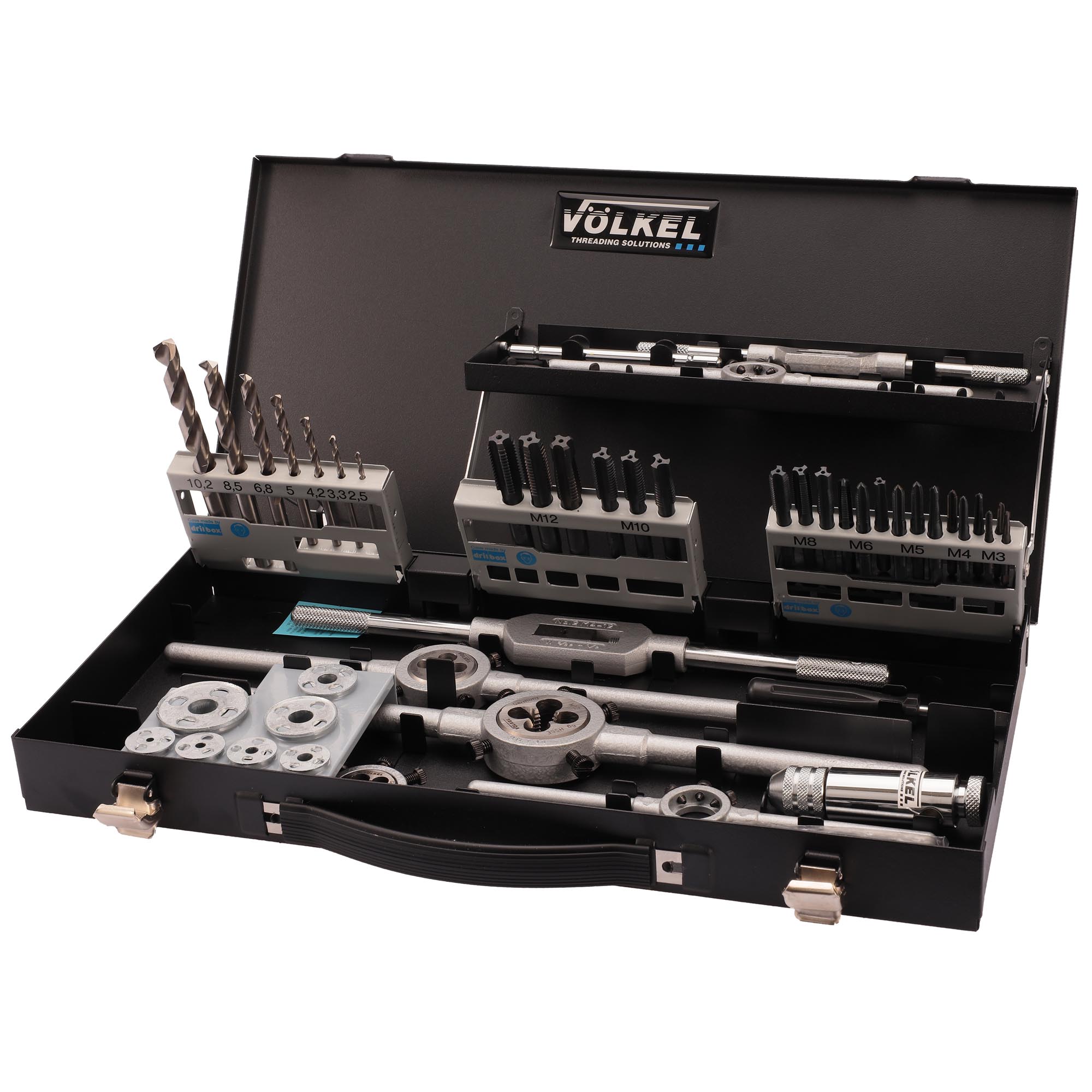 Набор метчиков и плашек Volkel M3-M12 HSSE-VAP 52пр 49150