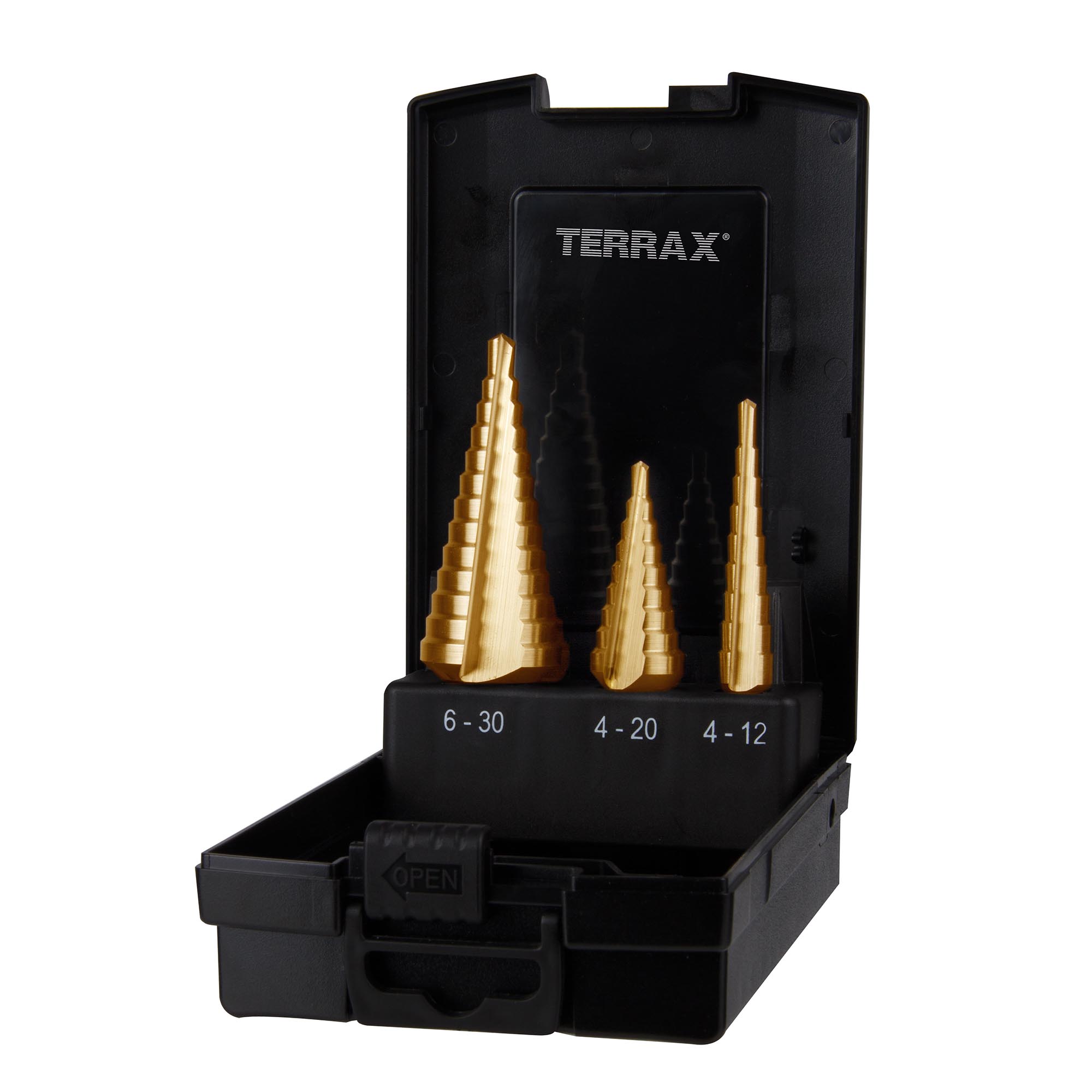 Набор ступенчатых сверл Terrax by Ruko 4-12/4-20/4-30мм HSS-G TiN 3шт A101126TRO