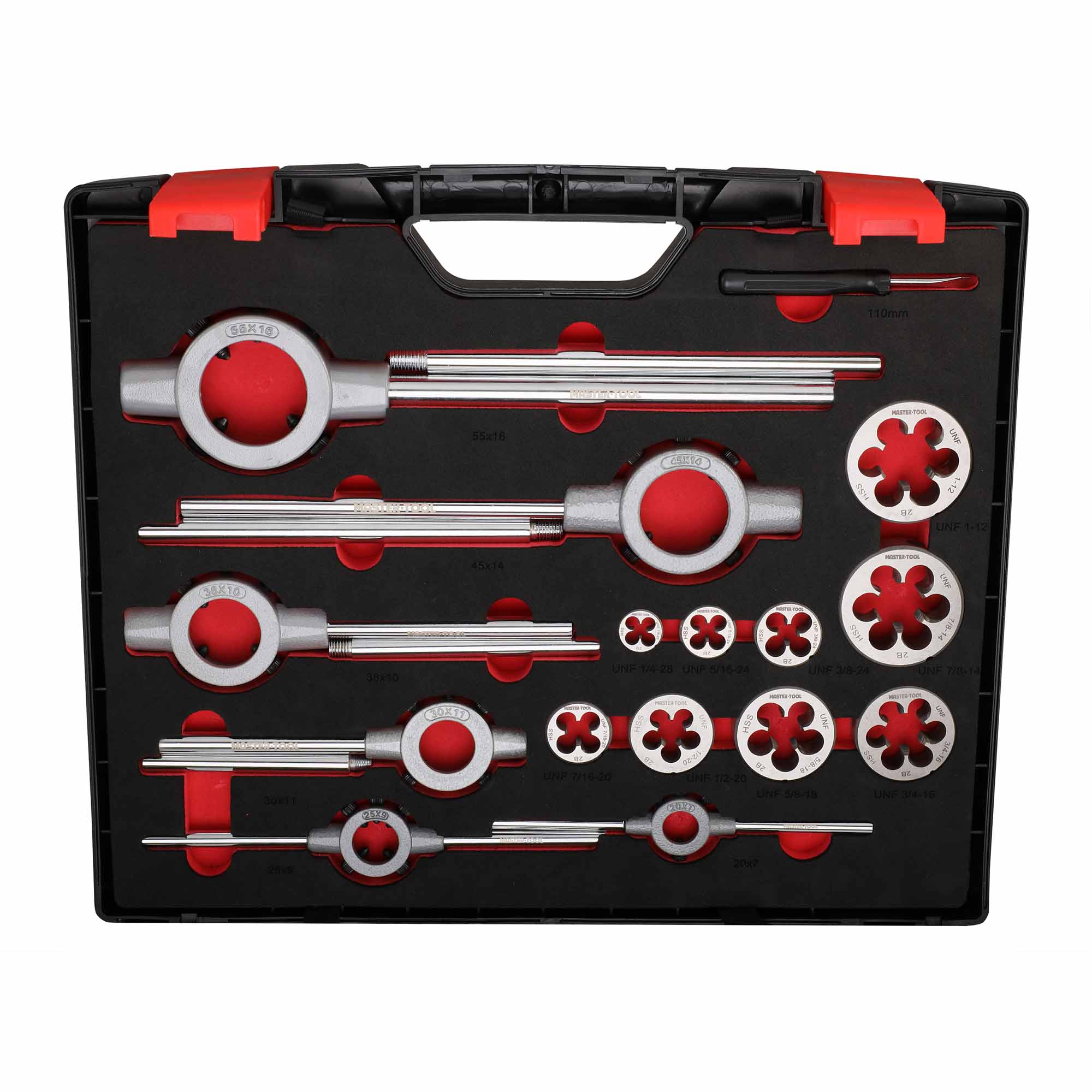 Набор метчиков и плашек MASTER-TOOL UNF 1/4"-1,0" HSS-G 37пр 1014901010006