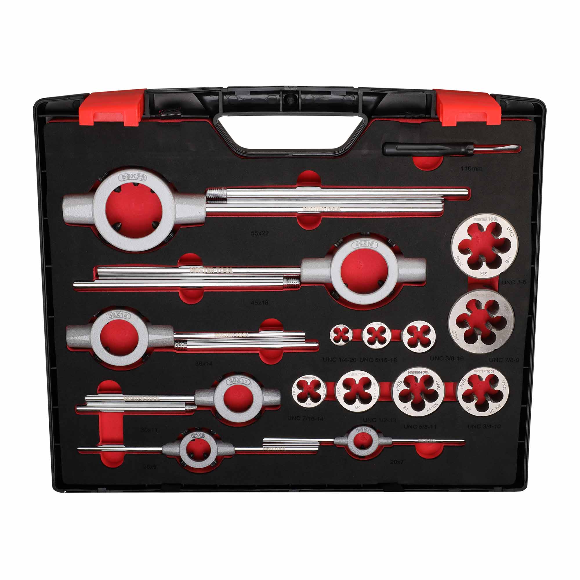 Набор метчиков и плашек MASTER-TOOL UNC 1/4"-1,0" HSS-G 46пр 1014901010005